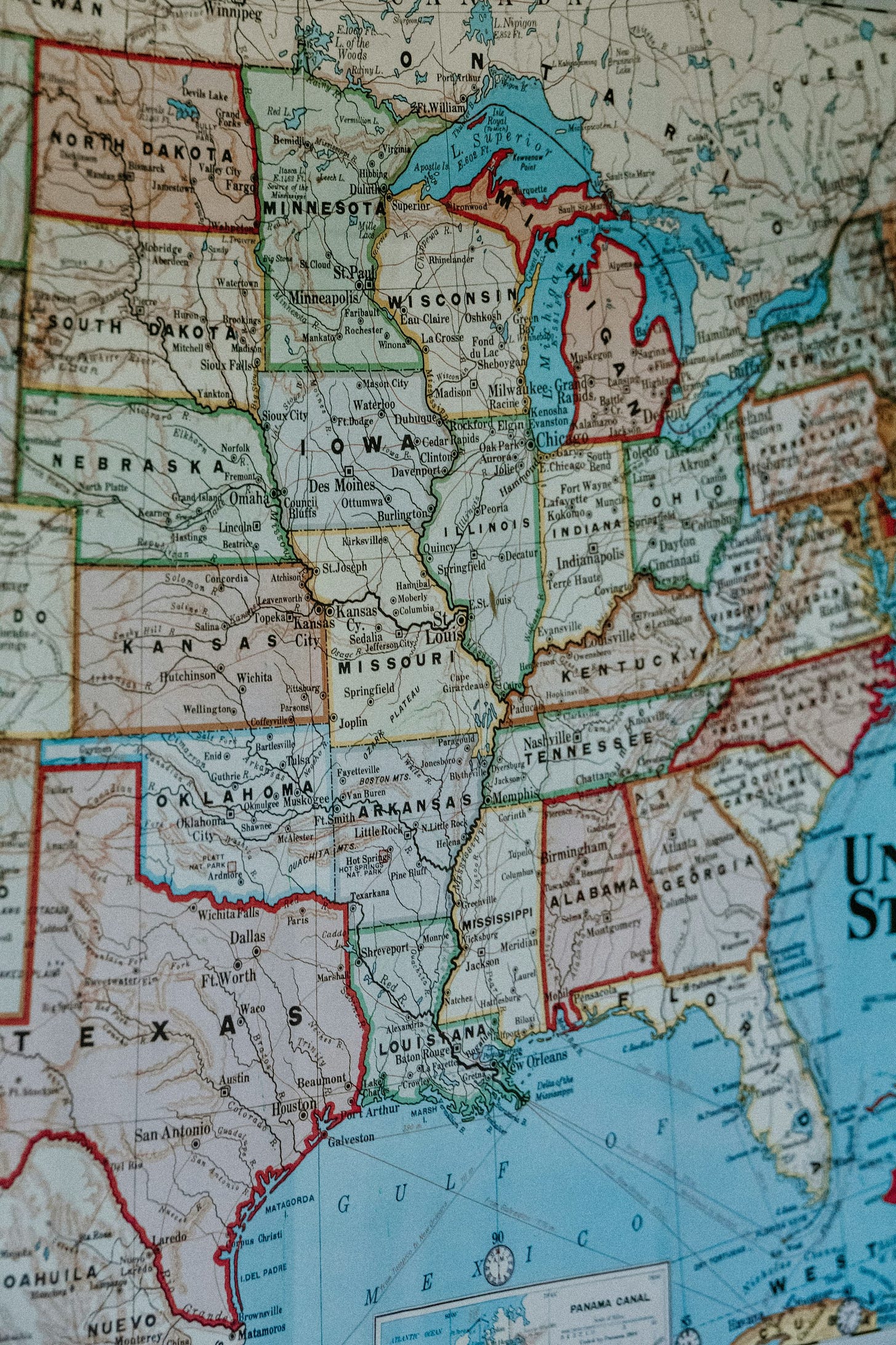 A close up image of a map of the United States. 