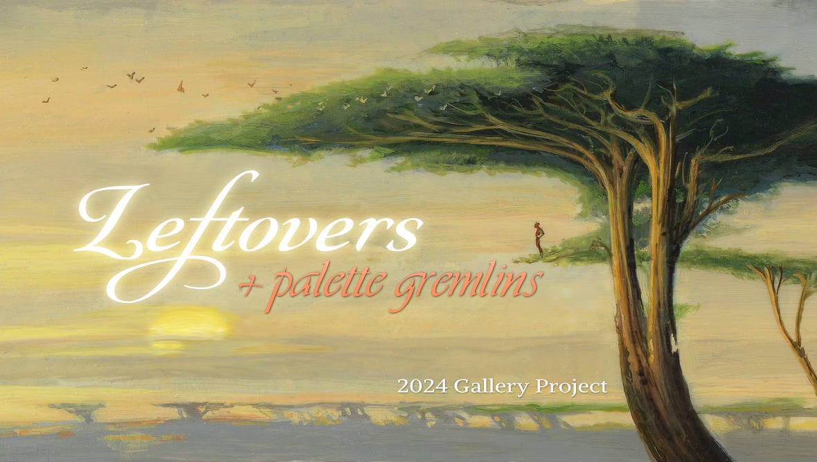 Banner reading Leftovers + Palette Gremlins 2024 Gallery Project. The art is THE EDGE OF NATURE, which features a lone figure standing at the edge of flat top trees that rise high in the sky. The sun is washed over by gray clouds against pale but warm yellow and orange sky.