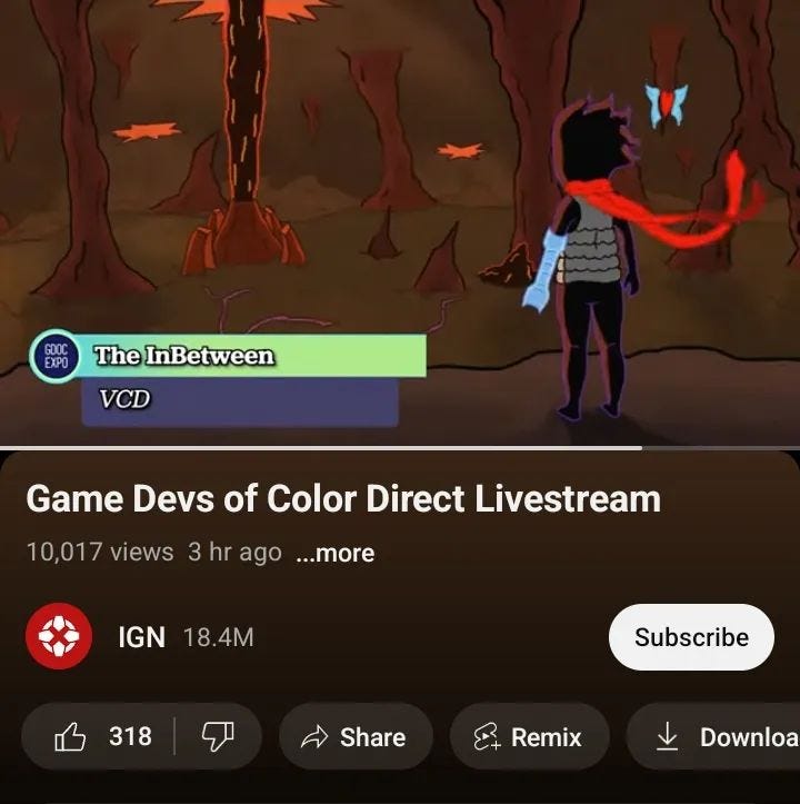 Photo by VCD on September 18, 2024. May be an illustration of text that says 'COOC EXPO The InBetween VCD Game Devs of Color Direct Livestream 10,017 views 3 hr ago ...more IGN 8.4M 318 Subscribe Share Remix Downloa'.