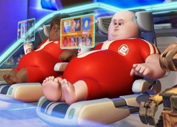 In Wall-E (2008) all of the humans are extremely obese and do nothing but  sit on their ass all day. This is a reference to Reddit users. :  r/shittymoviedetails