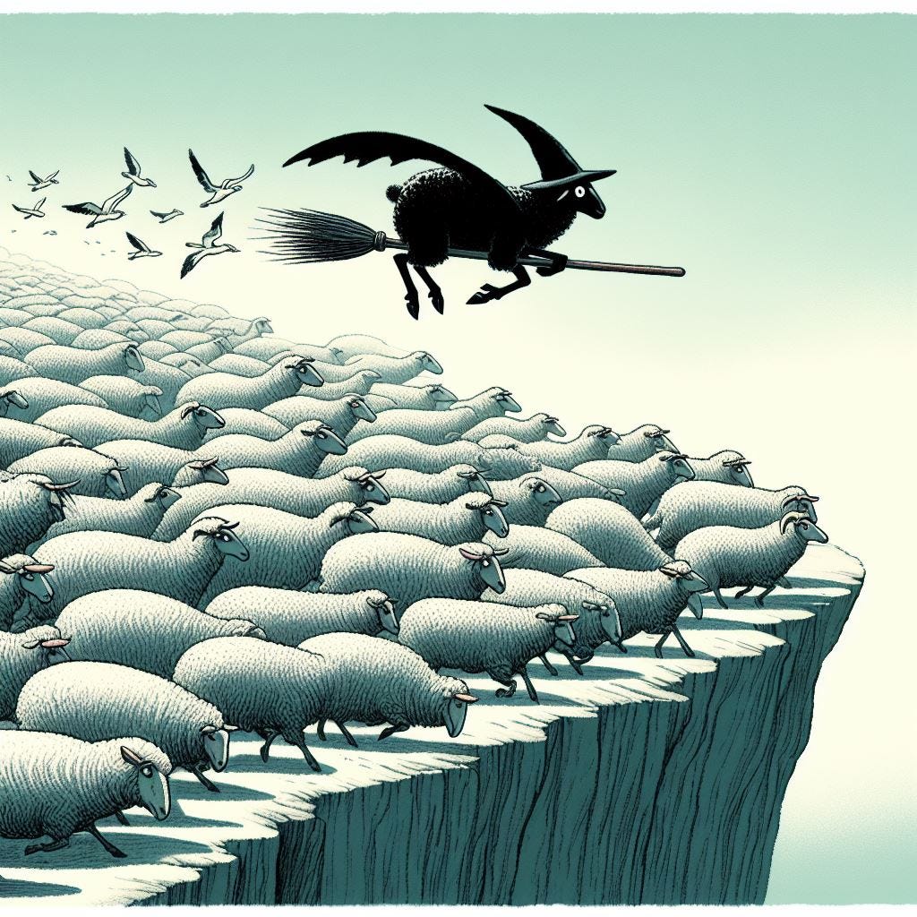 A black sheep with black wool on a broomstick flies above a herd of white sheep. The herd of white sheep are running toward a cliff. New Yorker illustration style.