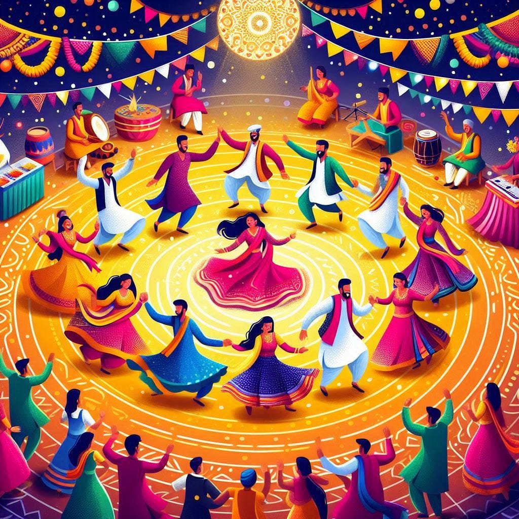 Create a vibrant scene depicting a lively Garba dance during Navratri. Show a diverse group of men and women dressed in traditional colorful attire, twirling and dancing joyfully. Include elements like decorative lights, traditional music instruments, and a festive atmosphere with decorations such as flowers and lanterns. Capture the energy and spirit of celebration, highlighting the community and cultural significance of the festival.