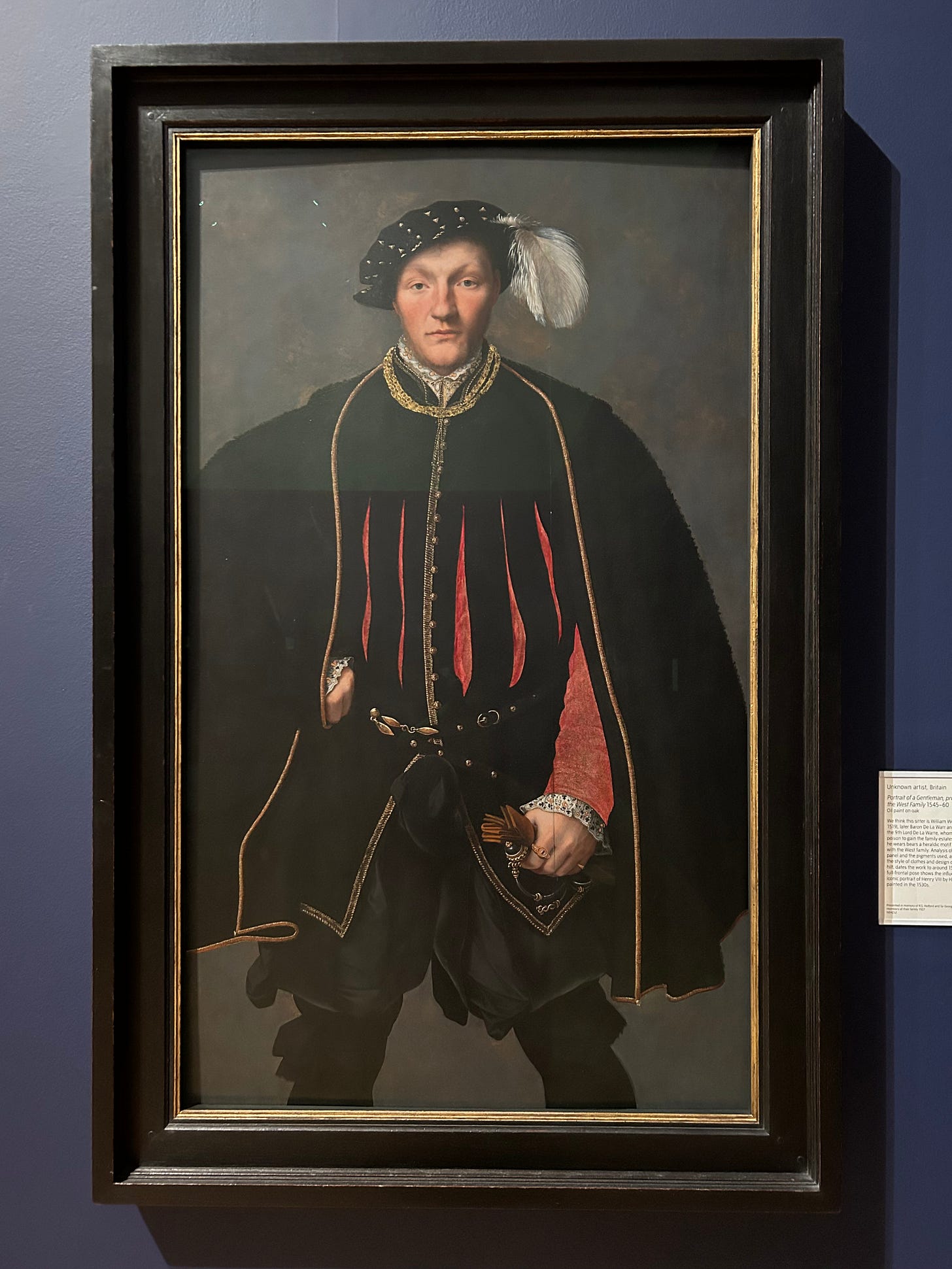 A young man in sixteenth century dress. He wears a black jewelled cap, a black cloak, and a black doublet slashed with red, and red sleeves. He stares face on out of the portrait. 