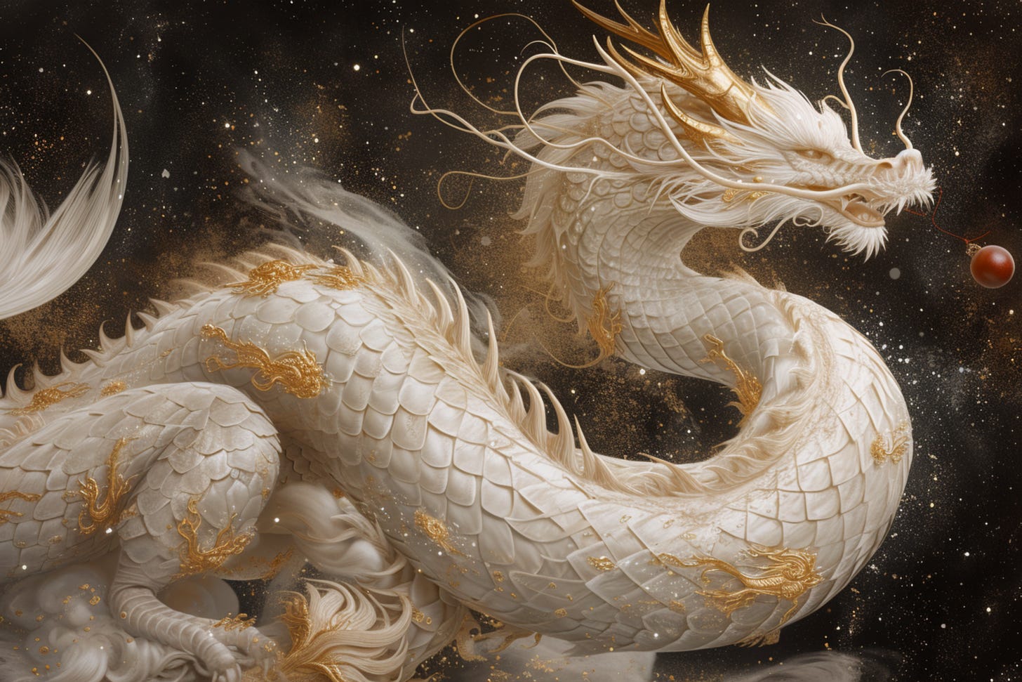 A white and gold dragon. On a star background and curling through the image, face looking to the right.