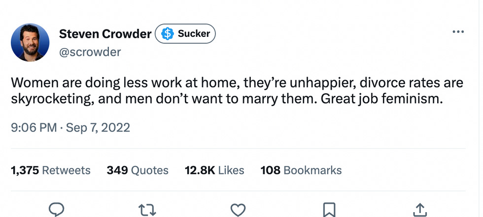 Women are doing less work at home, they're unhappier, divorce rates are skyrocketing, and men don't want to marry them. Great job feminism.