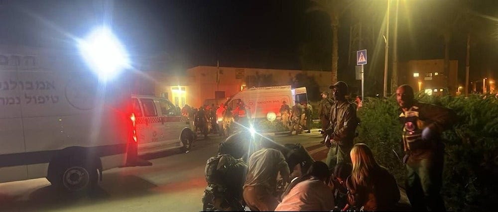 Israeli ambulances seen here transporting wounded from the Resistance's attack on the Israeli military base, south of Haifa. (Social media)