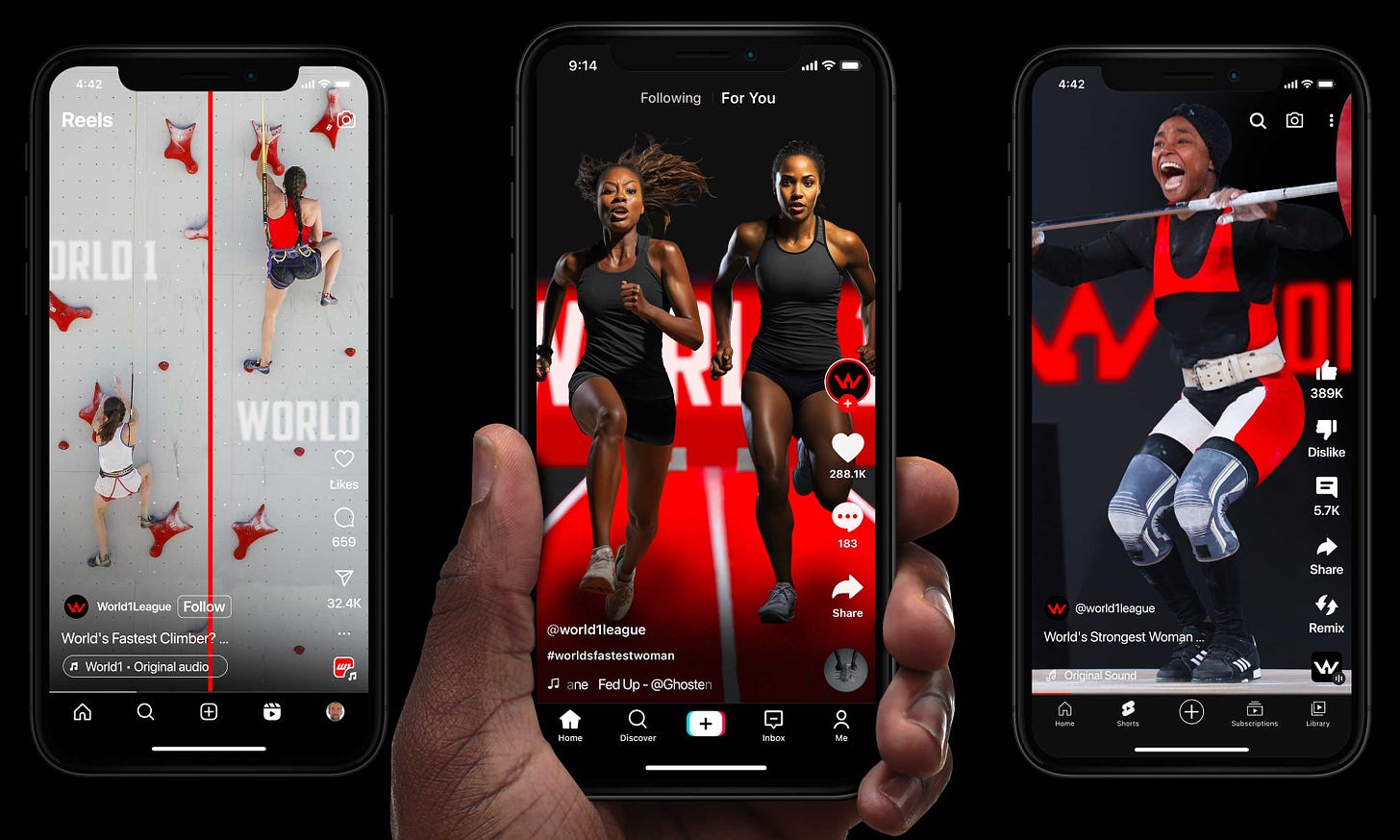 World 1 events shown as short-format videos on 3 different mobile phones. Shown are speed climbing, 100 meter dash and weightlifting.