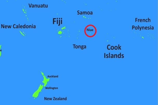 Map of the South Pacific Ocean showing Niue in relation to New Zealand and other Pacific Islands