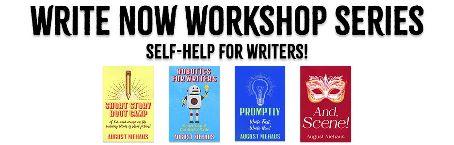 A banner that says "Write Now Workshop, Self-Help for Writers" and shows four books, called "Short Story Boot Camp", "Robotics For Writers", "Promptly", and "And, Scene!"