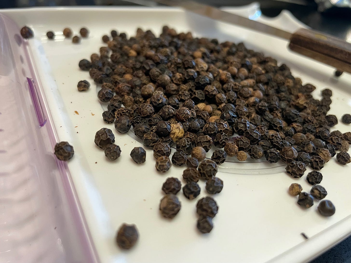 black peppercorns on counting tray 