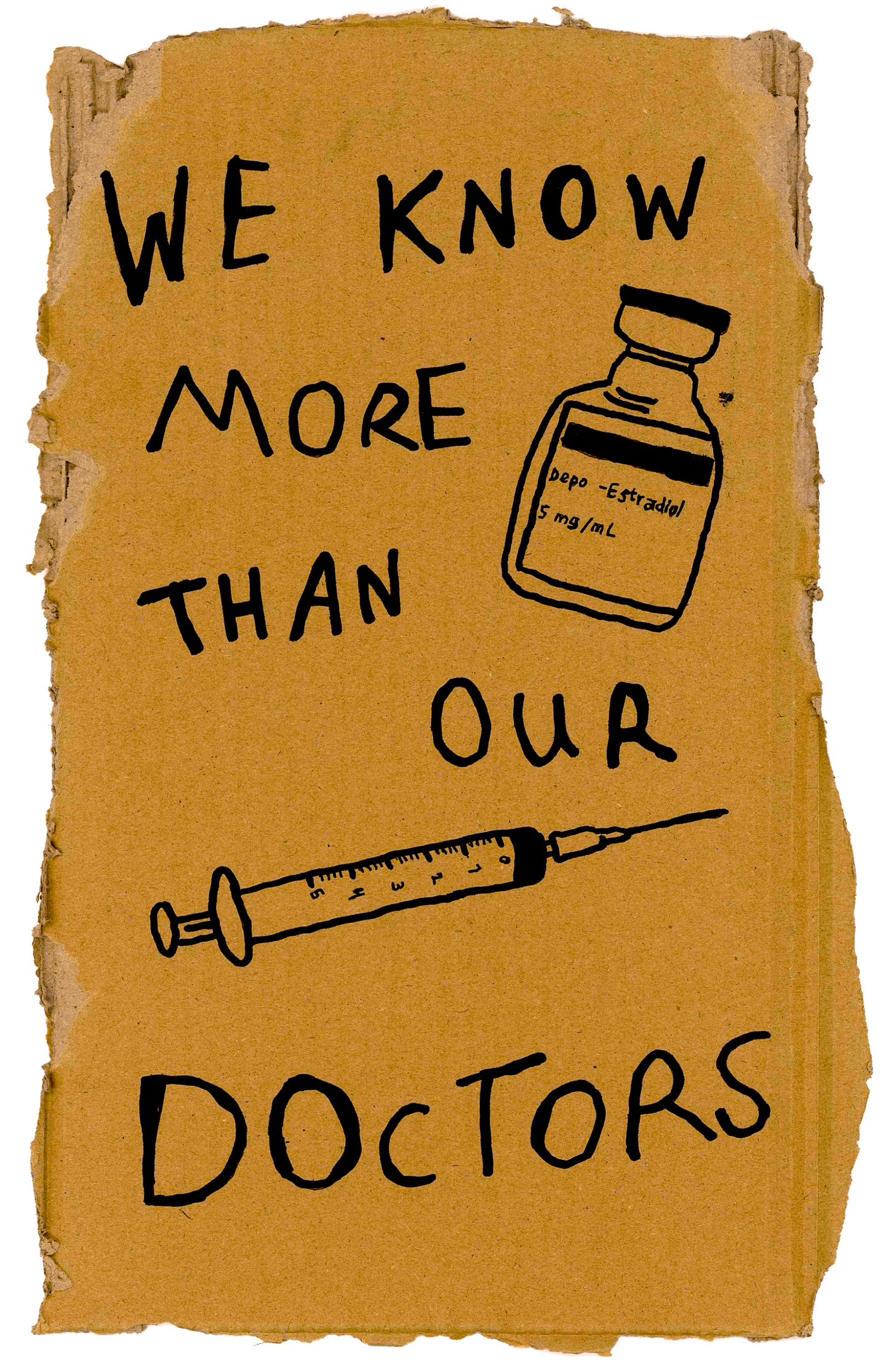A photo of a torn piece of cardboard being used as a sign, which says “We know more than our doctors” in all caps, written in black ink. It also shows drawn images of a syringe and a bottle of estradiol.