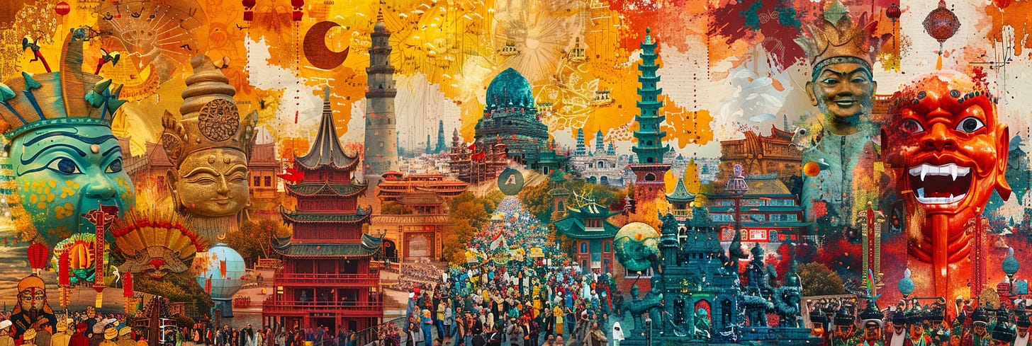 A wide-ranging, vibrant collage blending cultural iconography, architectural elements, and festivities. Various traditional Asian motifs, including masks and pagodas, emerge from a multitude of layers and textures. The composition transitions from warm, golden hues on the left to cooler, more intense reds and oranges on the right, evoking the rich diversity and dynamism of Eastern celebrations.