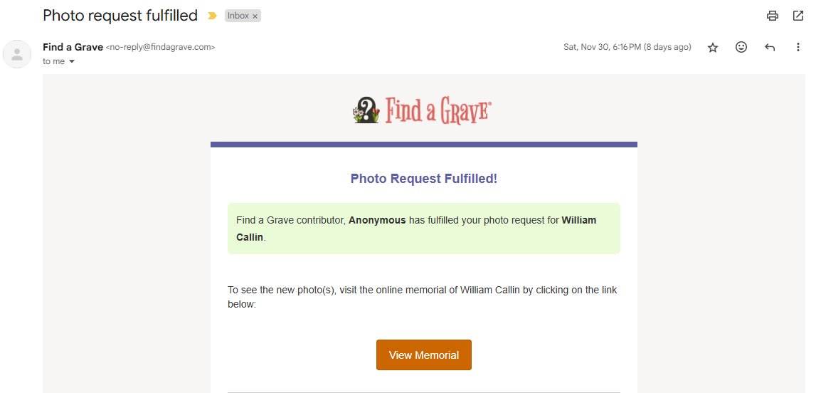 example of a Photo Request Fulfilled notification from Find a Grave