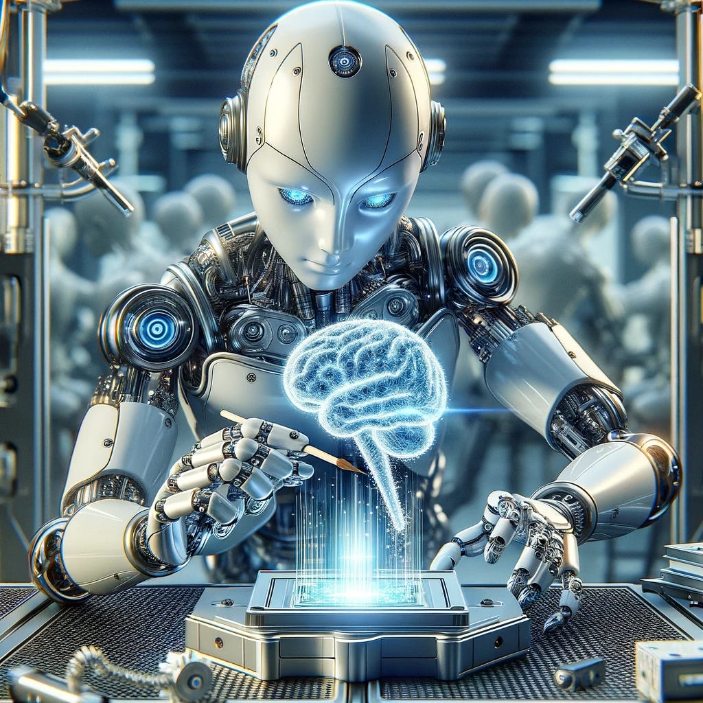 Create an imaginative illustration depicting a robot engaging in the process of compacting an AI. The robot, designed with sleek, metallic features and precise, articulated limbs, is actively working on a smaller AI module, symbolized by a glowing, intricate core encased in transparent casing. The scene is set in a high-tech workshop environment, filled with tools and digital displays. The overall color scheme includes shades of silver, blue, and soft white, emphasizing a futuristic and innovative atmosphere.