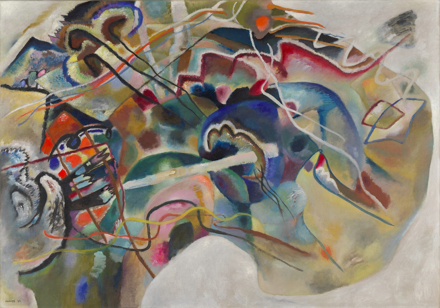 Vasily Kandinsky, Painting with White Border, May 1913. Oil on canvas, 55 1/4 x 78 7/8 inches (140.3 x 200.3 cm)