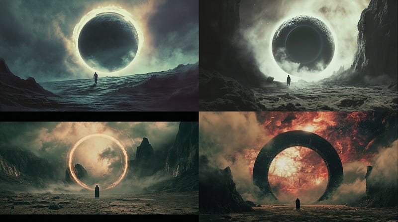 Cinematic Medium Shot, mysterious human, circular portal in an alien wasteland leading towards a nebula, in the style of biblical drama, monumental figures, voluminous mass