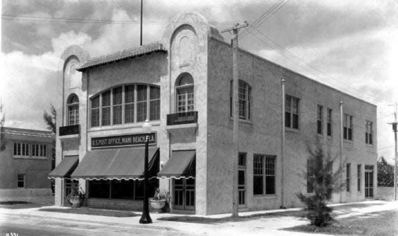 Miami Beach post office, located on Fifth Street between Alton Road and Lenox Avenue, in 1922. 