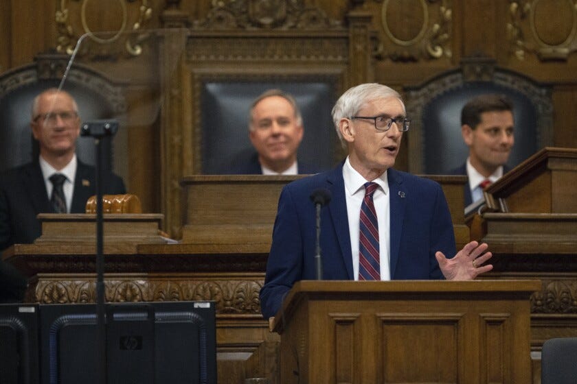 Gov. Tony Evers delivers his budget address at the Wisconsin State Capitol in February.