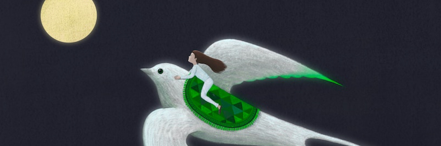 A young girl rides a white bird to the moon.