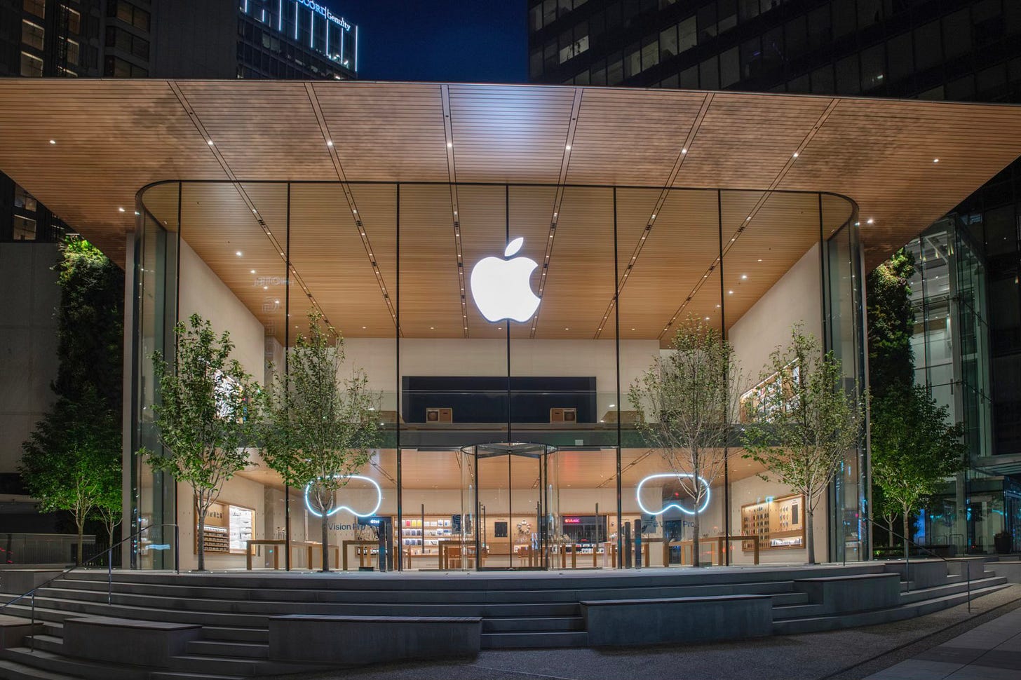 Vision Pro window displays at Apple Pacific Centre. The photo was taken at dawn.