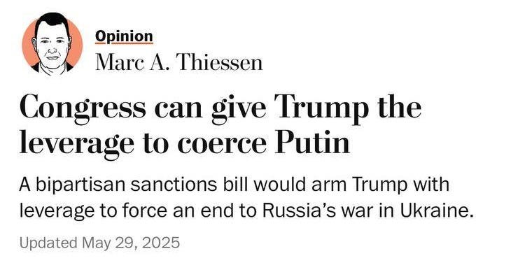 May be an image of 1 person and text that says 'The Washington post Sign in Opinion Marc A. Thiessen Congress can give Trump the leverage to coerce Putin A bipartisan sanctions bill would arm Trump with leverage to force an end to Russia's war in Ukraine. Updated May 29, 2025 6 min 654 វ្ក្ិន THE ኢትት**** UTTA President Donald Trump speaks at Arlington National Cemetery on Monday. (Jim Lo Scalzo/EPA-EFE/Shtterstock) Scalzo/ This column has been updated.'