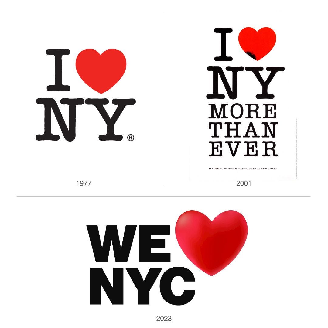 Three versions of the I Heart NY logo. The original the I heart NY More than ever version and the new We heart NYC