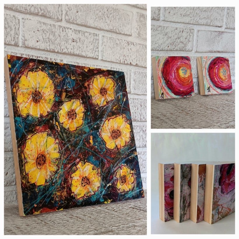 From the Art in hands project: Three mixed media abstract floral paintings mounted and ready to go to new homes!