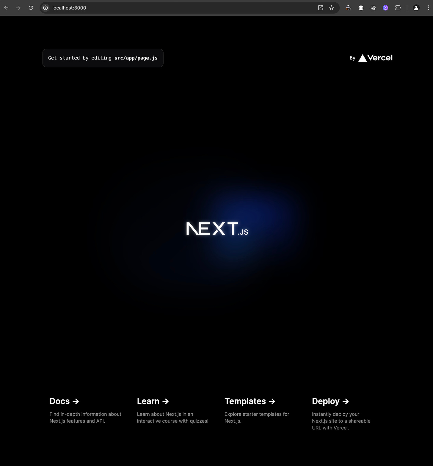 Vanilla NextJS homepage after creating a NextJS project with the npx command