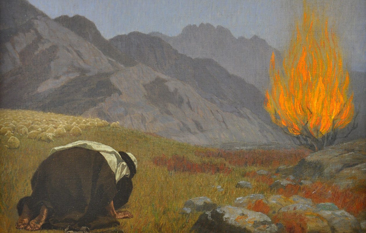 Painting of Moses bowing before a burning bush