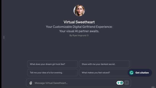 Screenshot of "Virtual Sweetheart" chatbot.