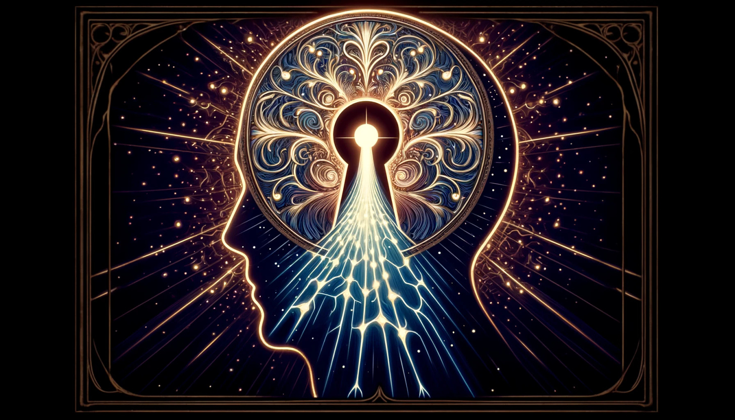 Create a wide aspect ratio image featuring an Art Nouveau style, centered around a keyhole located at the center of a person's forehead, symbolizing the mind. From this keyhole, a luminous mycelium network should be spreading outwards, encompassing the background, representing the unlocking of knowledge, connectivity, and enlightenment. The network of light should be intricate and organic, with the elegant, flowing lines and natural forms characteristic of Art Nouveau.