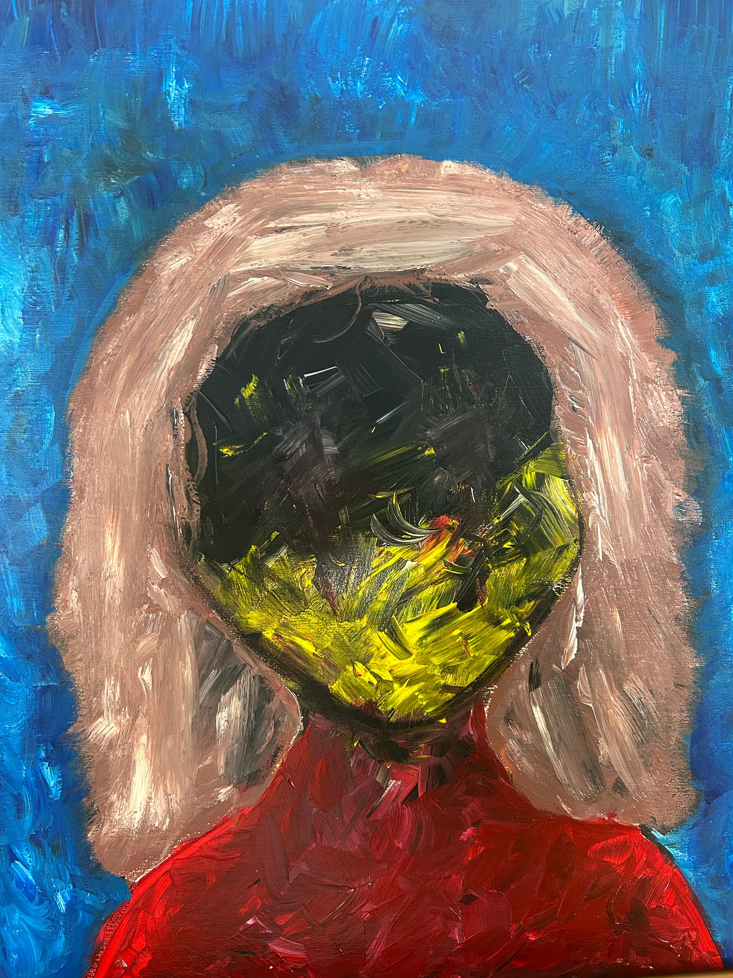 Acrylic painting of a figure without facial features. Top half of the face is black, bottom half yellow and from the neck down to just below the shoulders, it's red – the colours of the Aboriginal Australian flag. The hair is brown and the background blue. 
