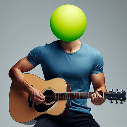 Photo of an attractive bald man playing acoustic guitar. He's wearing a well-fitting untucked blue t-shirt and black shorts. The man has a basic bright neon green sphere instead of a head. There is no face. 