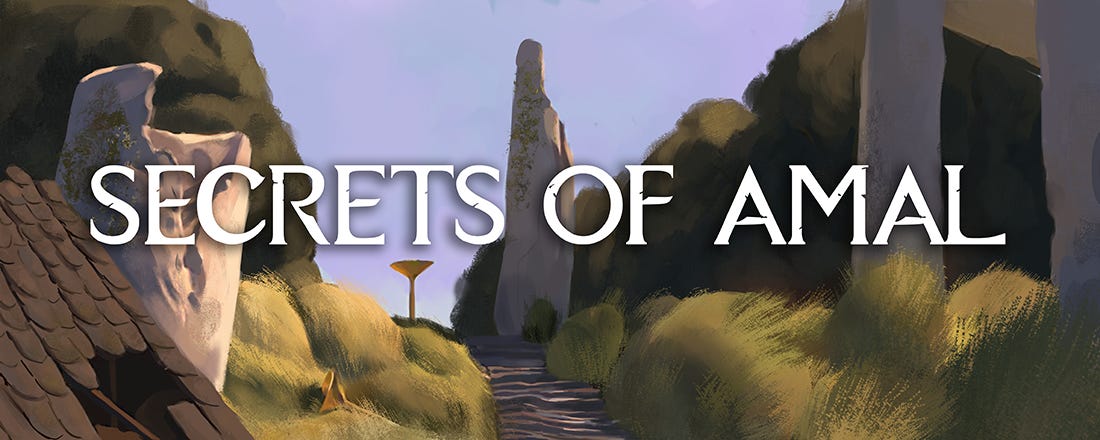 The "Secrets of Amal" banner, atop the backdrop of an overgrown ruin