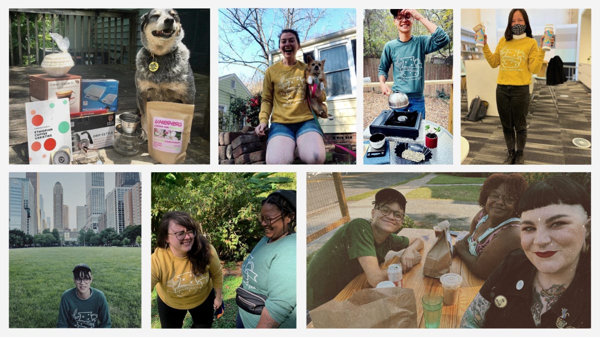 A collage of photos of Getchusomegear volunteers and supporters, as well as an image of a Getchu gear box and a smiling dog