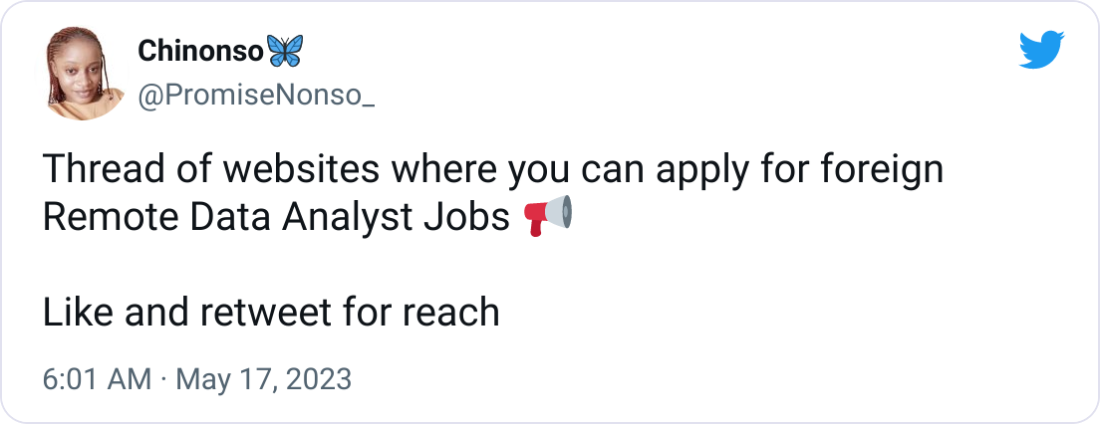 Chinonso🦋 @PromiseNonso_ Thread of websites where you can apply for foreign Remote Data Analyst Jobs 📢  Like and retweet for reach