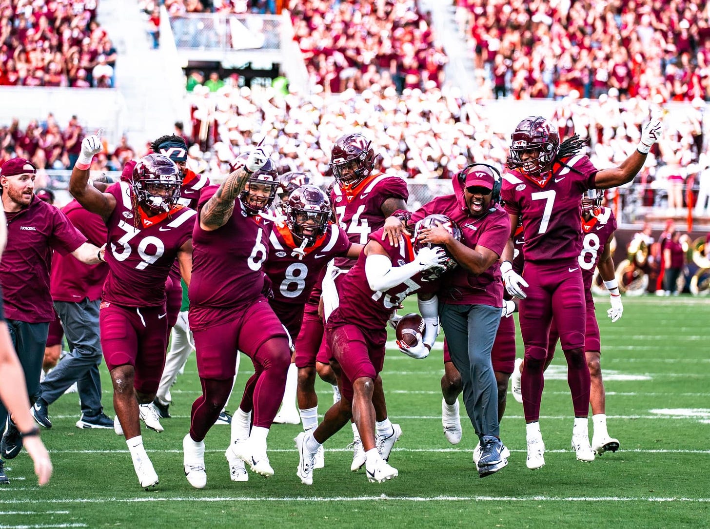 Virginia Tech celebrates after an interception against Wake Forest.
