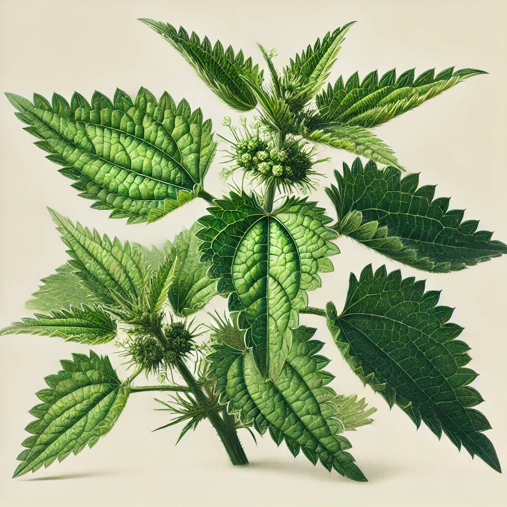 A detailed botanical illustration of a stinging nettle plant (Urtica dioica), featuring its serrated green leaves, fine stinging hairs, and small clusters of greenish flowers. The plant should be shown in its natural upright form, with a close-up focus on its unique leaf texture and hairs for identification purposes. The background should be softly blurred to emphasize the plant. The style should be realistic and scientific, similar to field guide illustrations.