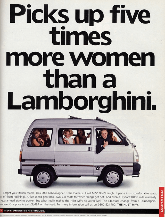 r/AdPorn - "Picks up five times more women than a Lamborghini" - 1996 Daihatsu Hijet MPV ad [786×1037]