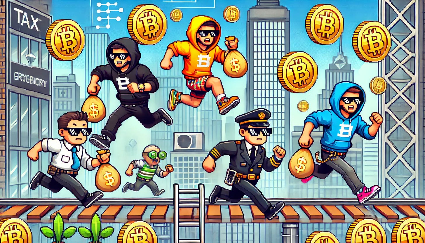 A 2D platformer game-style illustration featuring tax inspectors chasing cryptocurrency enthusiasts (cryptobros). The scene is set in a pixel-art-inspired cityscape with golden coins floating in the air. The cryptobros wear flashy outfits, sunglasses, and hoodies, running while holding bags of digital coins. The tax inspectors, dressed in suits with briefcases, are jumping over obstacles and climbing ladders to catch them. The background includes futuristic skyscrapers and blockchain-themed elements. The style is colorful and dynamic, with exaggerated running animations and a side-scrolling perspective.