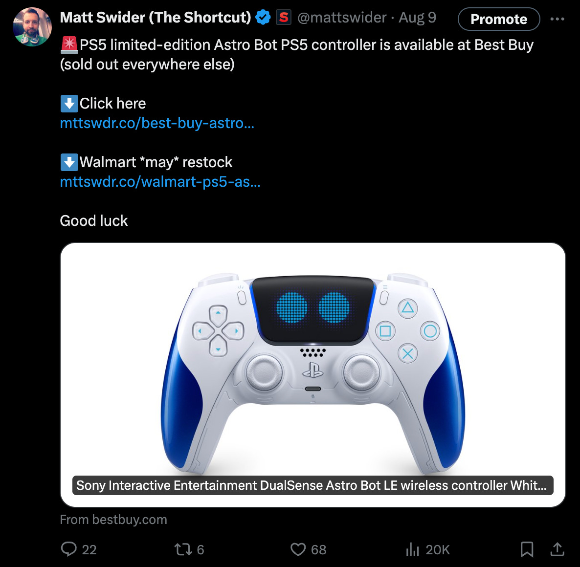 Tech journalist Matt Swider sends Astro Bot PS5 restock notifications on X