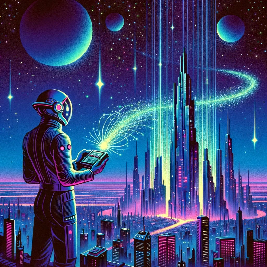 Create an illustration in the style of a 1970s science fiction book cover. The image should depict a futuristic cityscape with towering, sleek skyscrapers, under a deep blue and purple star-filled sky. In the foreground, a figure in a retro-futuristic suit holds a device emitting tachyon particles, illustrated as glowing, ethereal streams. The figure looks towards the horizon, where a faint silhouette of a similar city can be seen, suggesting communication between distant worlds. The color palette should include neon hues to highlight the technological and otherworldly aspects of the scene.