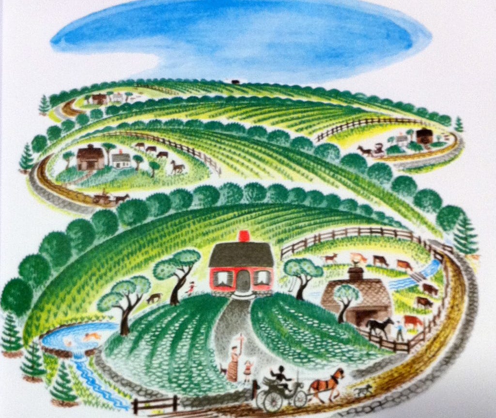 Children's picture book drawing of a farmhouse on a hill surrounded by fields, cows, trees, other houses in the background