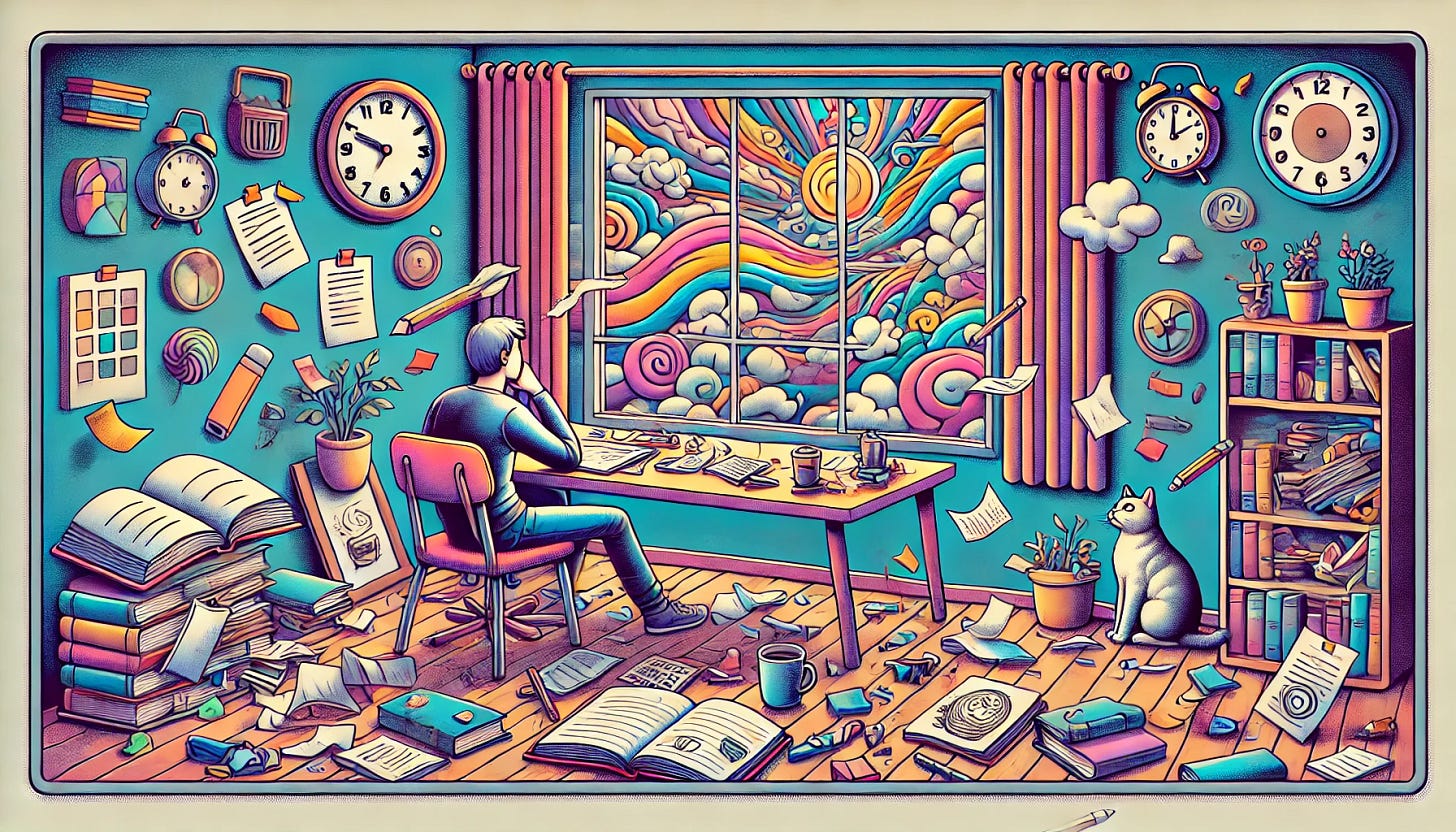 An avant-garde rectangular illustration depicting a person with inattentive ADHD in a whimsical, colorful style. The scene shows the person sitting at a desk, surrounded by scattered papers, sticky notes, and a forgotten coffee cup, while daydreaming out the window at a surreal, imaginative sky full of floating books and clocks. The room is filled with playful details like a cat batting at a pencil on the floor and a notebook left open with doodles. The art style emphasizes creative chaos and the dreamy, distracted nature of inattentive ADHD, with a modern, vibrant aesthetic.