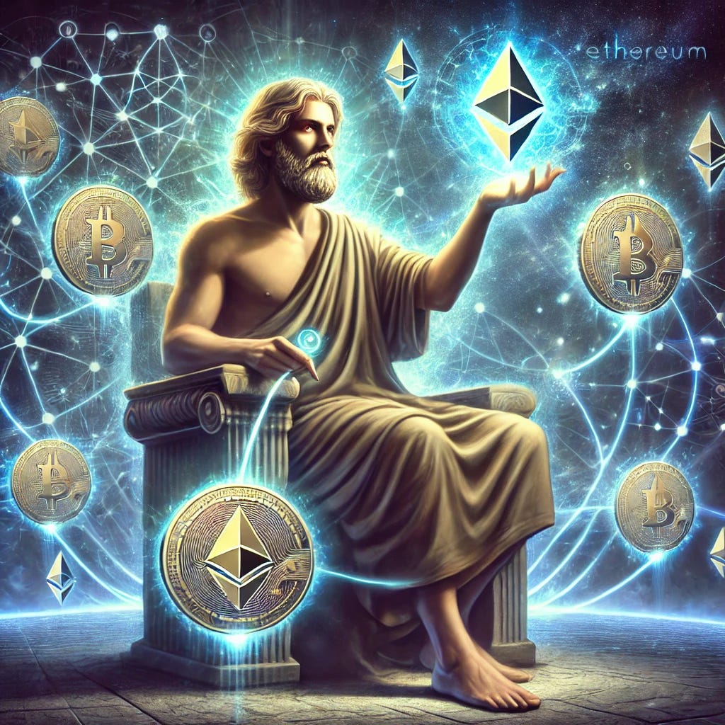 A mythical, god-like figure resembling a young, intellectual visionary overseeing the Ethereum network. The figure is seated on a futuristic throne, surrounded by glowing symbols of Ethereum and blockchain patterns. They wear casual, slightly futuristic attire and have a wise, contemplative expression, with an aura of digital energy and light. Their hands gently hover over a holographic, web-like network that symbolizes Ethereum, as if guiding and supervising it. The background includes ethereal, cosmic elements, emphasizing the figure's mythical status within a high-tech, digital universe.