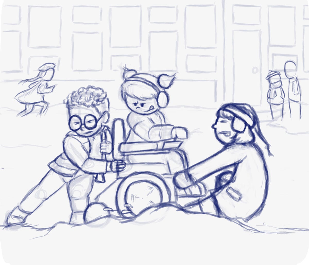 Blue sketch of a girl in a power wheelchair being helped by two other children to get herself unstuck from the snow.