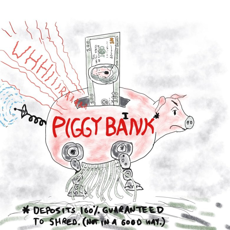 A cartoon drawing of an artificial intelligence piggy bank shredding a dollar bill