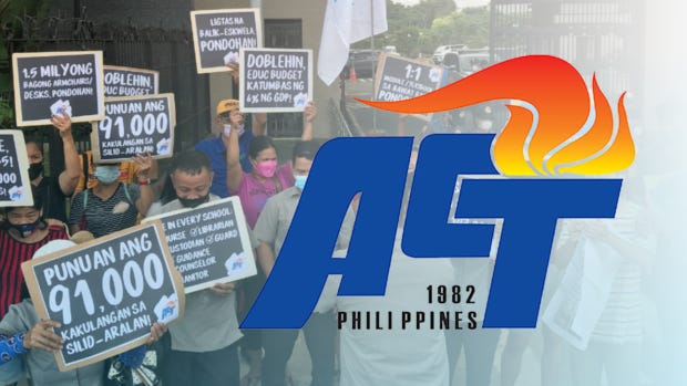 Composite photo. ACT members at a protest with ACT logo superimposed. STORY: DepEd memo violates privacy – ACT