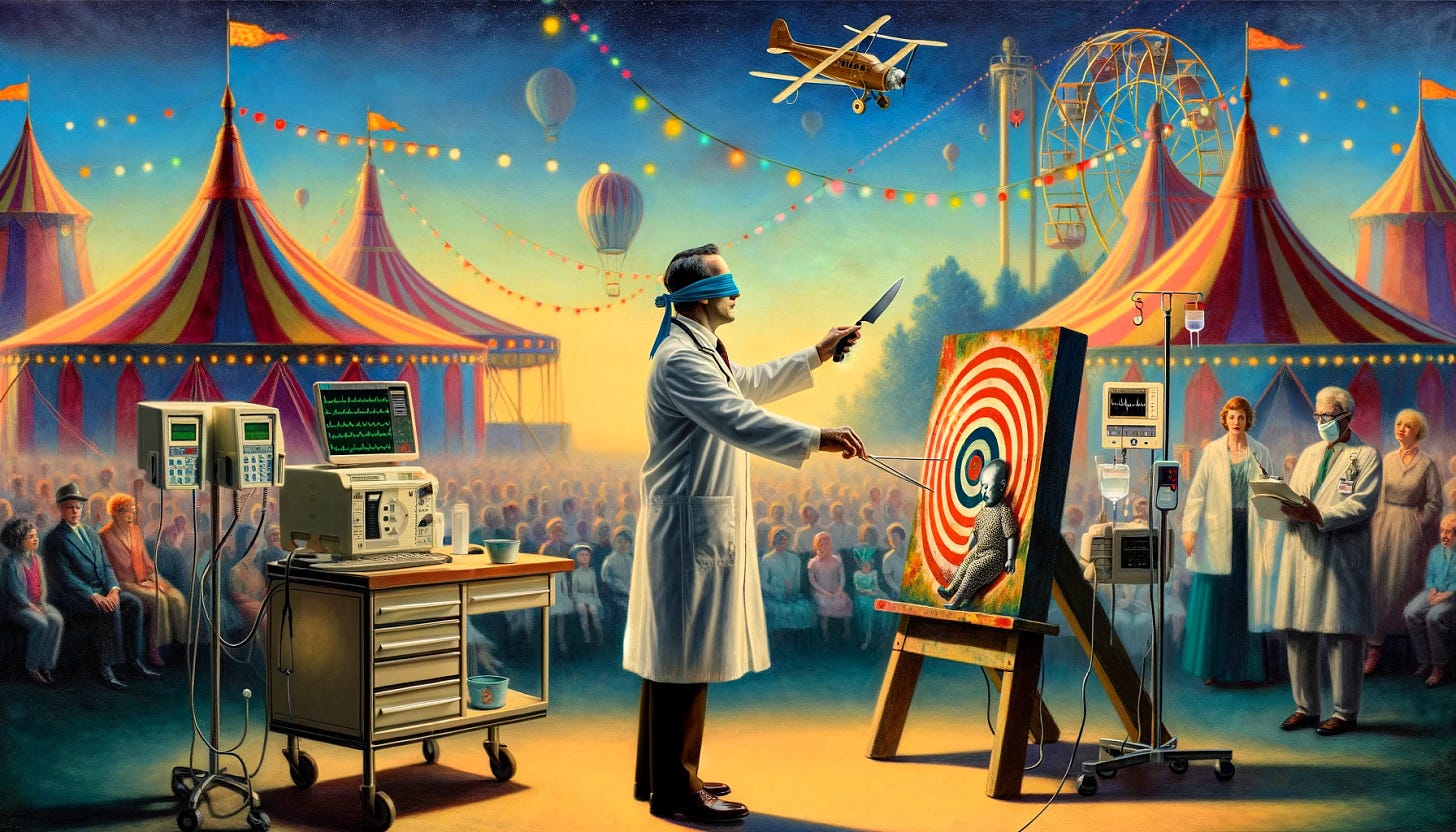 In a surreal landscape that combines elements of a circus and a hospital, a blindfolded doctor, wearing a white coat and a stethoscope, is depicted in the act of throwing a knife towards a target. The target is a painted board resembling a child, set against a backdrop of circus tents and hospital equipment like IV stands and monitors. The scene conveys a dramatic and metaphorical atmosphere, blending the traditional circus knife-throwing act with the precision and uncertainty of medical practice. The setting is colorful yet unsettling, with circus lights and hospital beeps subtly intertwined.