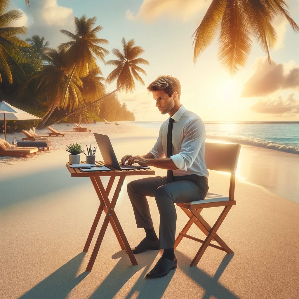 A professional salesperson is conducting a product demonstration on a tropical beach, using a laptop computer. The salesperson, dressed in smart casual attire, is sitting at a small portable table on the soft, white sand, with the ocean in the background. Palm trees sway gently in the breeze. The sun is setting, casting a warm, golden glow over the scene. The salesperson is intently focused on the laptop screen, demonstrating a software or online service to a small group of interested onlookers, who are standing around the table in casual summer clothes. The scene combines business and leisure in a tropical setting.